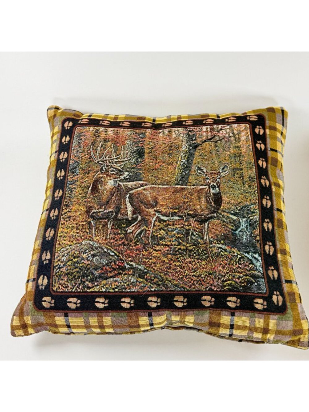 Rivers Edge Products Tapestry Throw Pillows 18x18 Inch Brown Plaid With Deer Pai - Picture 2 of 8